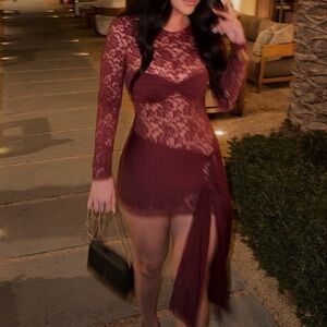 Lioness Asymmetrical Lace Dress in Deep Burgundy